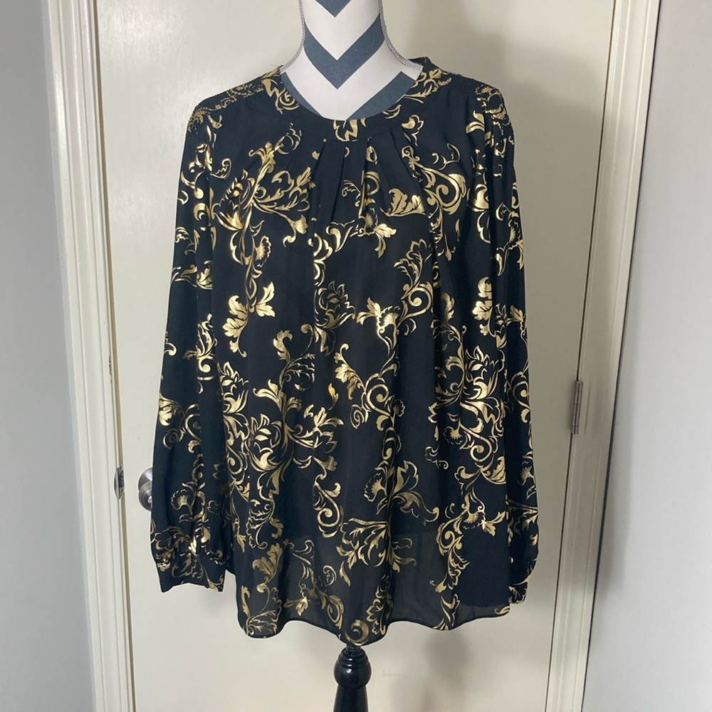 Worthingtons Women’s Black & Gold Damask‎ Blouse Plus Size 1X
